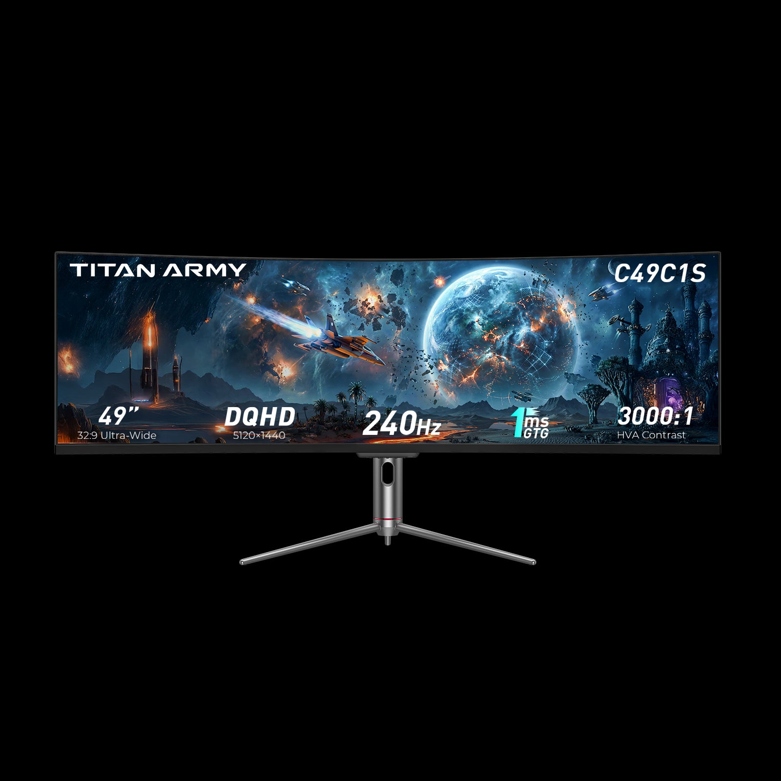 49-inch curved gaming monitor, TITAN ARMY C49C1S, front panel and tripod stand
