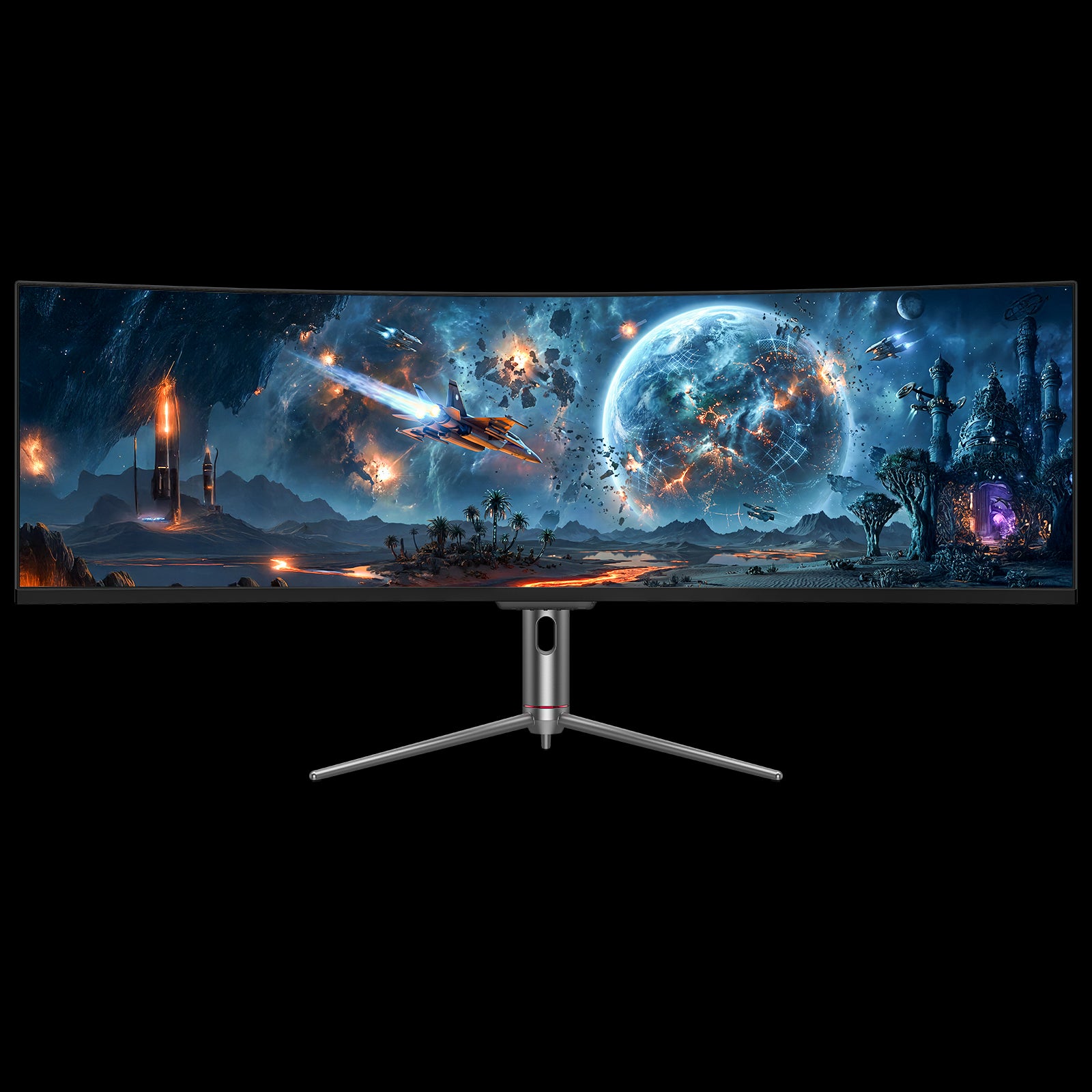49-inch curved gaming monitor with space-themed screen, on tripod stand