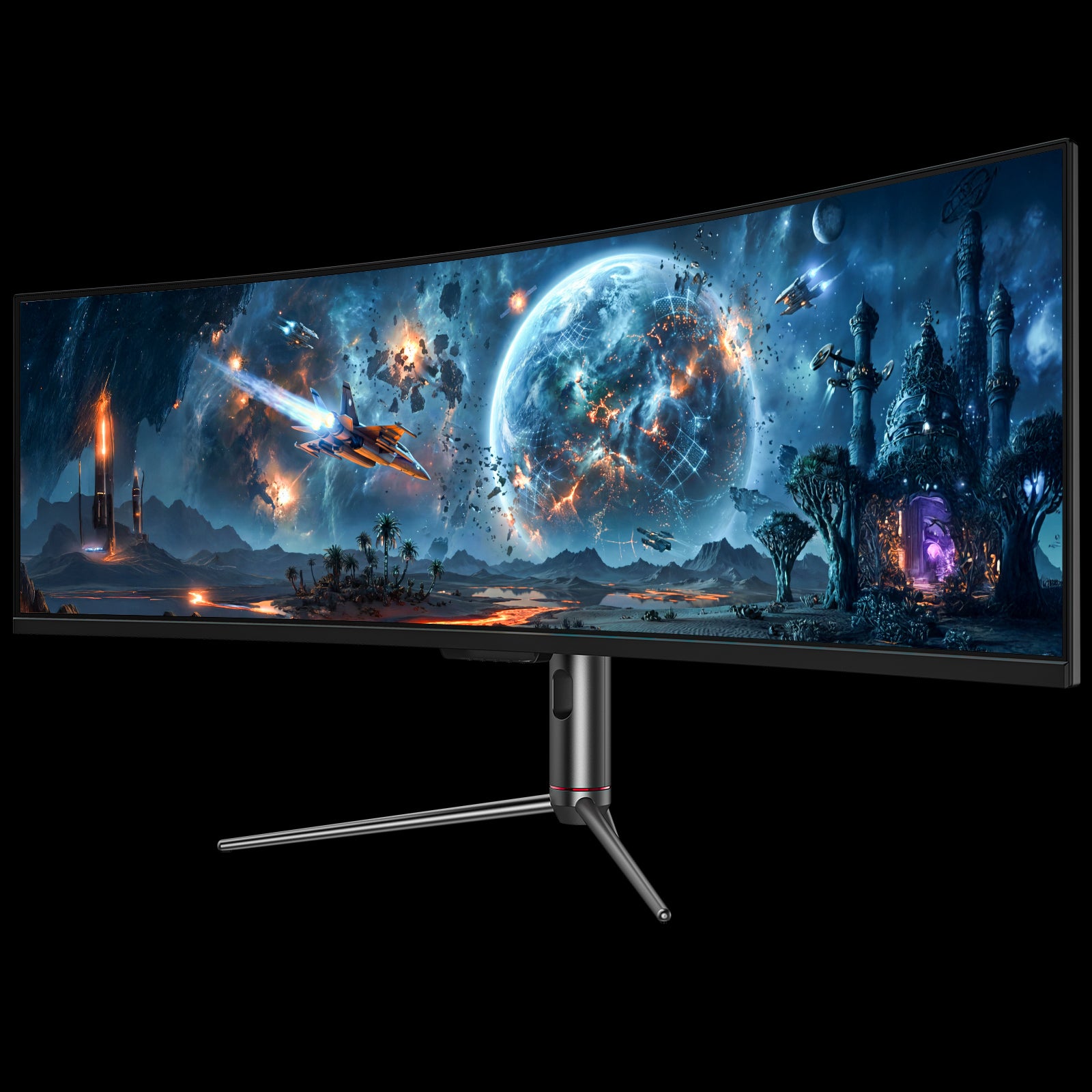 Curved gaming monitor on tripod stand, front angled view