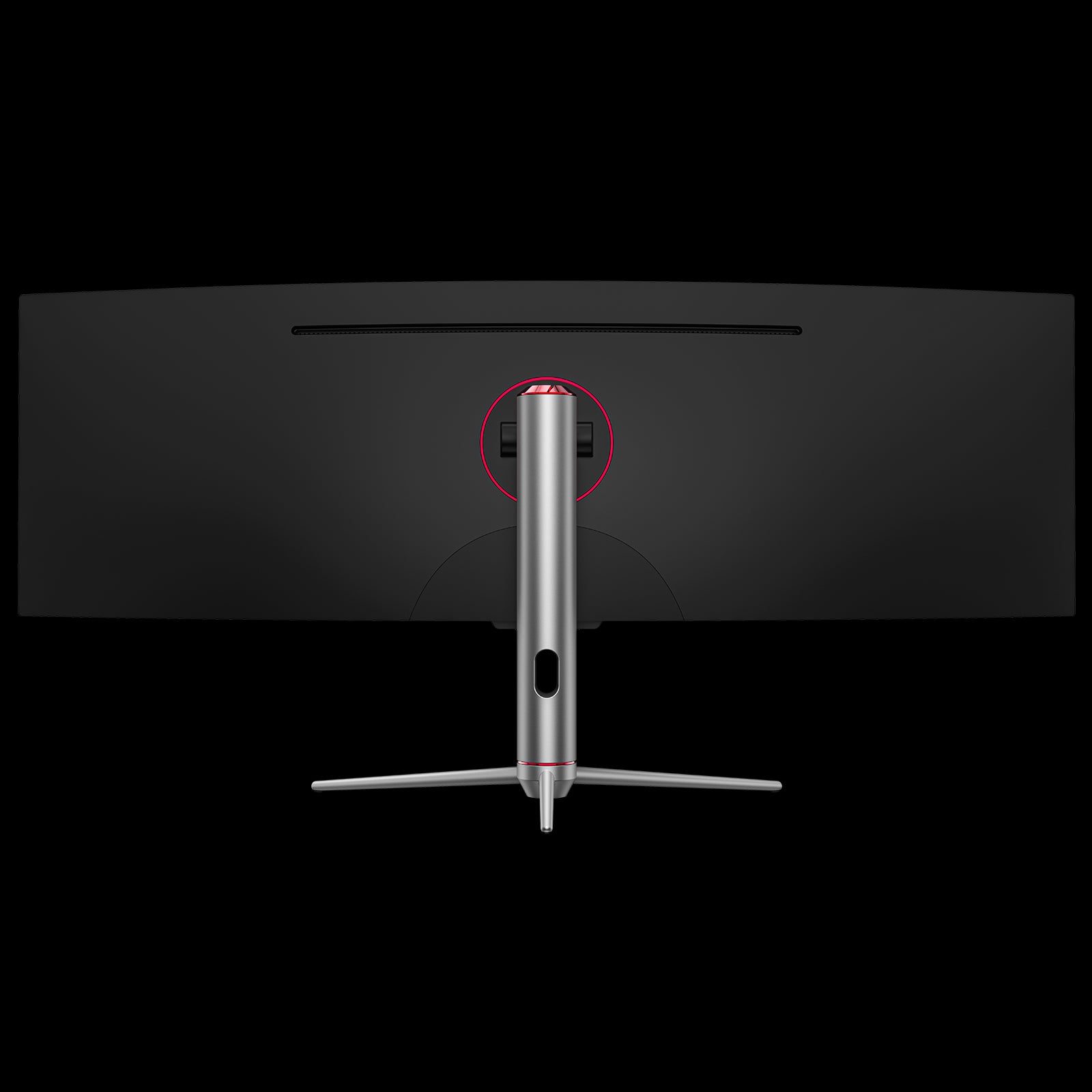 Gaming monitor back view with central stand hub and red accent ring