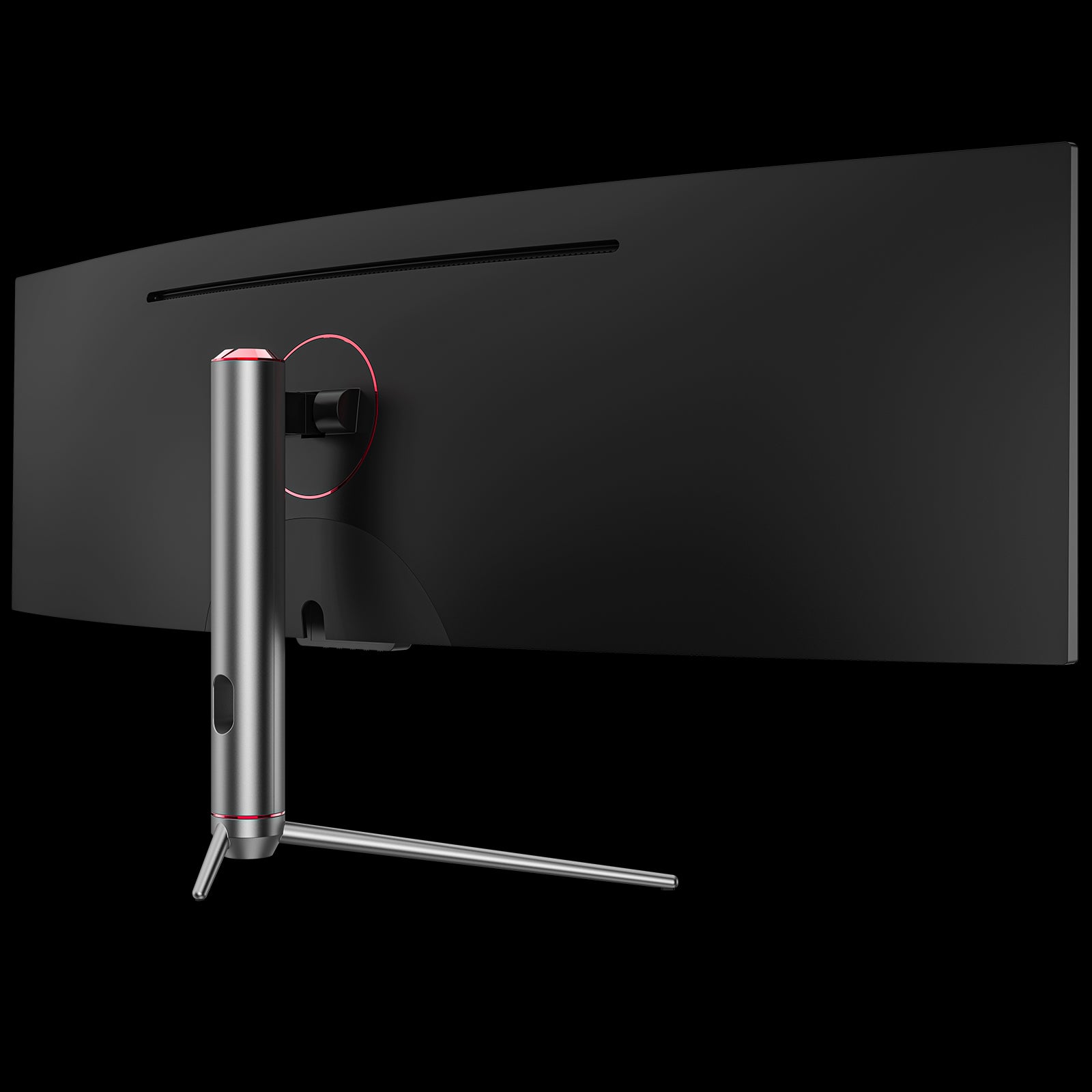 Gaming monitor rear angled view, stand column with red ring accent