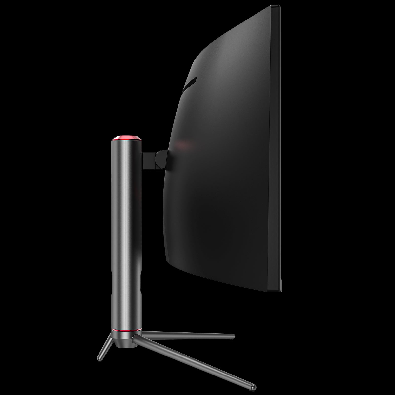 Curved gaming monitor side view with red-accent stand column and tripod legs